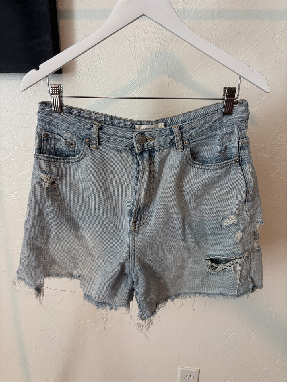 Glassons Y2K/Coastal Cowgirl Light Blue Distressed Denim Cutoff Shorts
